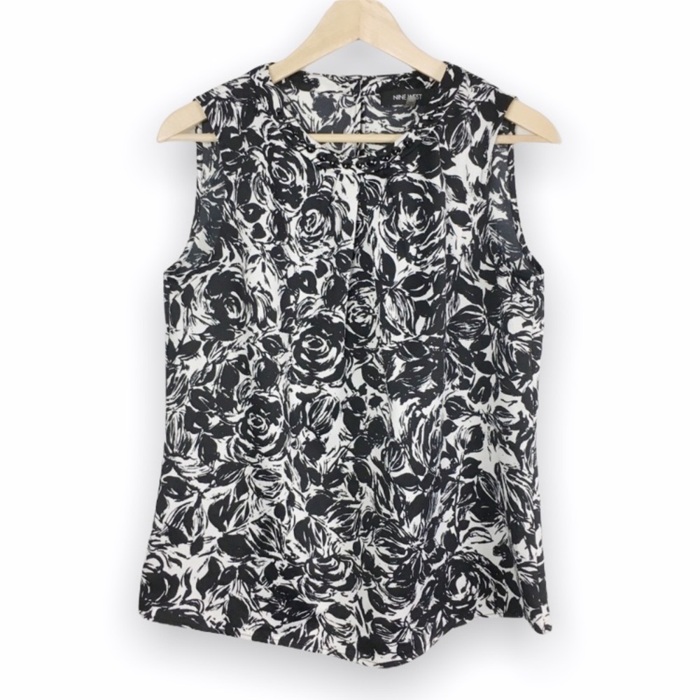 Nine West Womens Size Medium‎ M Black White Artsy Floral Rose Print Blouse Top
